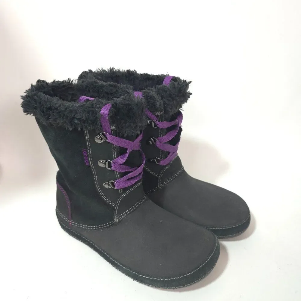 Crocs Women’s AllCast Luxe Faux Fur Winter Boots Black Purple Size 7